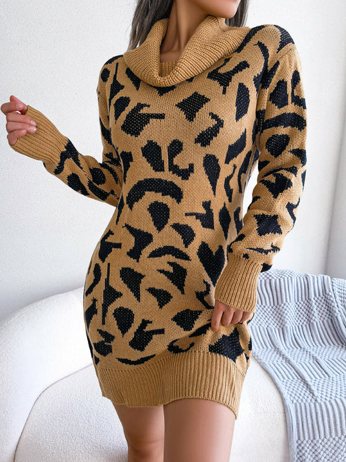 Autumn And Winter Street Style High Collar Leopard Print Long Sleeve B
