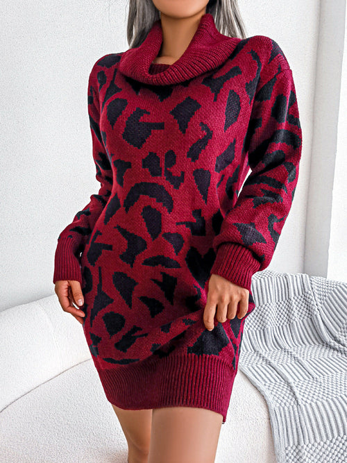 Autumn And Winter Street Style High Collar Leopard Print Long Sleeve B