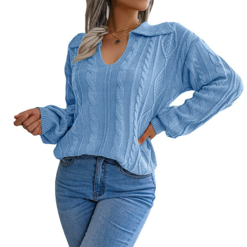 Autumn And Winter Casual Lapel Fried Dough Twist Lantern Sleeve Knitti